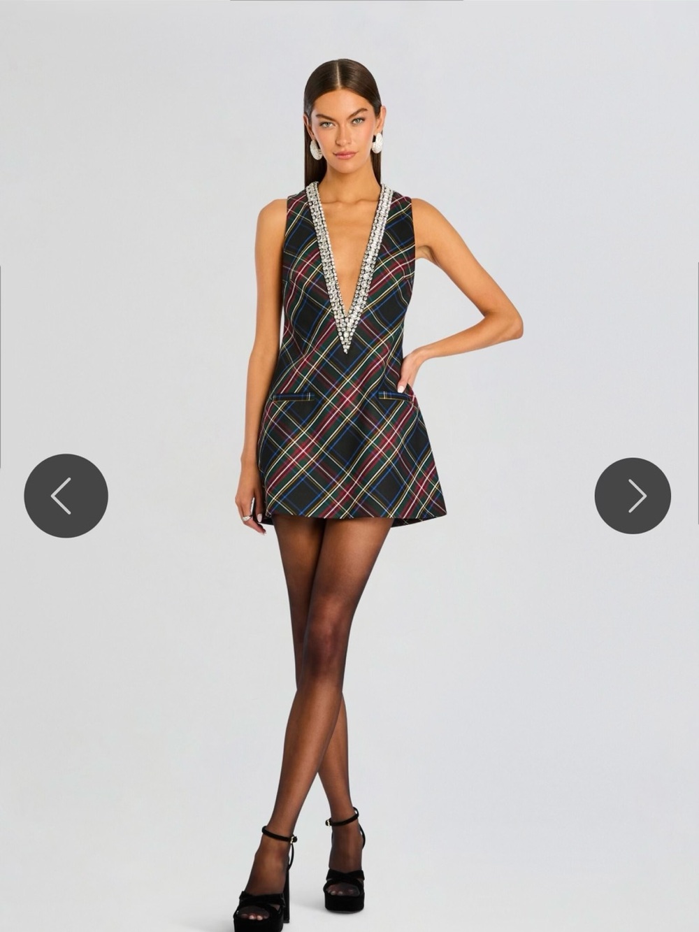 Retrofete Black Plaid Mini Dress with Embellished V-Neck
